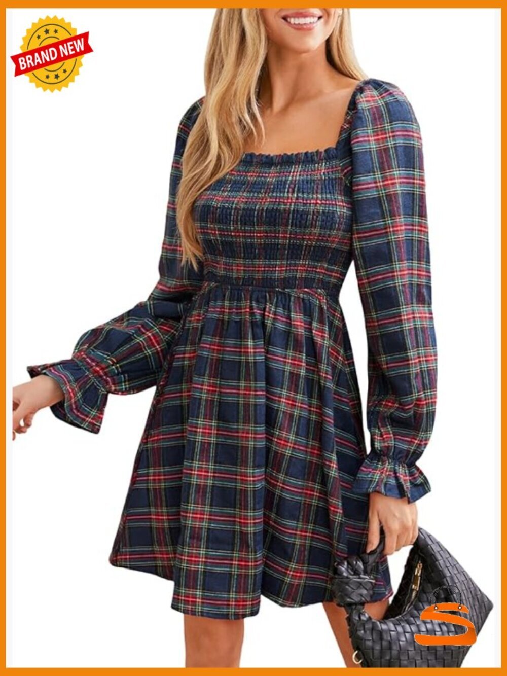 Navy Plaid Square Neck Puff Sleeve Mini Dress Smocked Bodice Ruffle Cuff Fall